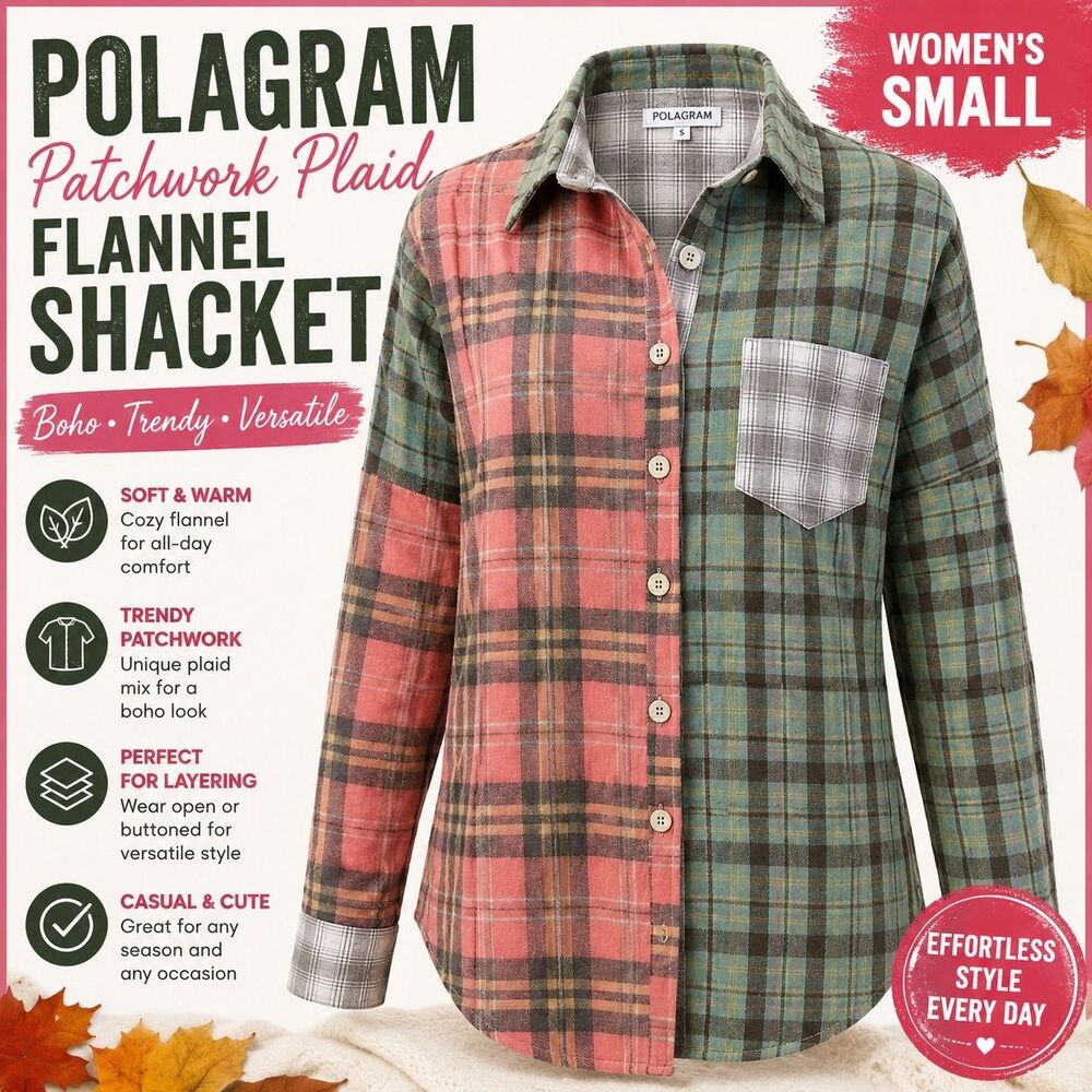 Polagram Women's Small Patchwork Plaid Button Up Flannel Shacket Shirt Boho